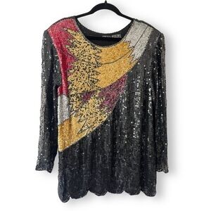 Vintage Megere Beaded Silk Black Yellow Abstract Design Formal Tunic Blouse